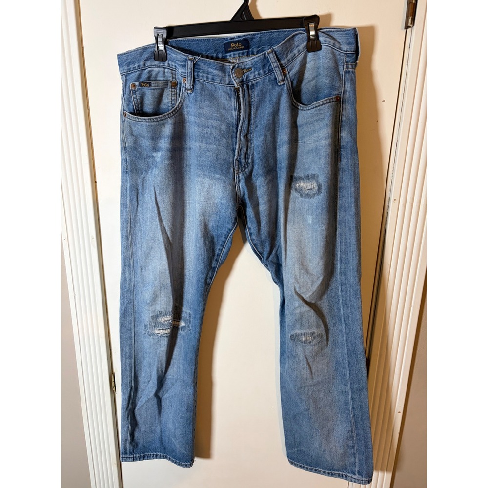 Polo Ralph Lauren Hampton Mens Distressed Straight Leg Light Wash Denim Jeans